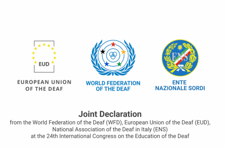 Logos of the European Union of the Deaf, World Federation of the Deaf, and Ente Nazionale Sordi above a joint declaration announcement.