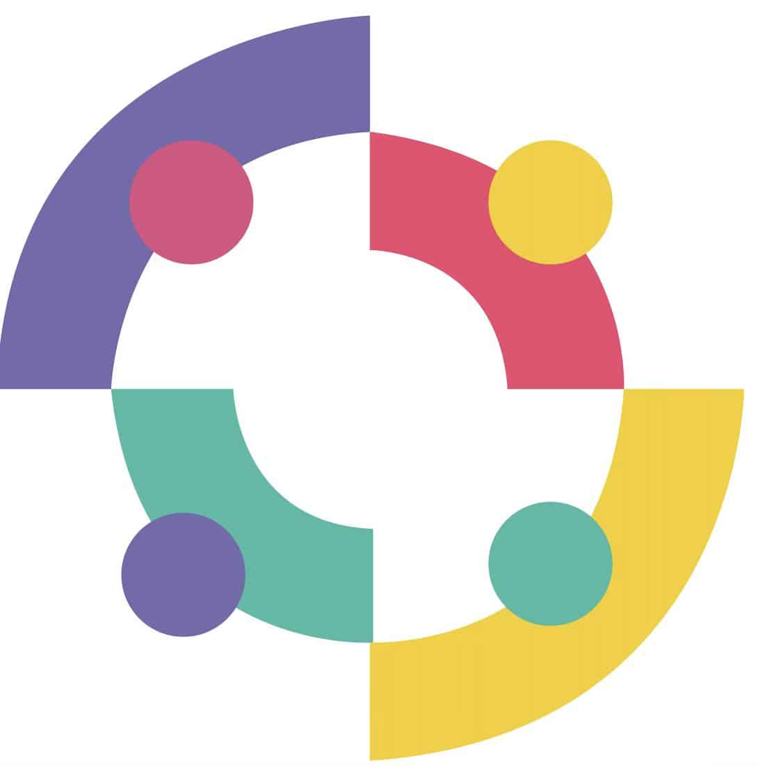 A circular abstract design with four colored segments—purple, pink, teal, and yellow—each with a matching circle, forming a symmetrical pattern on a white background.