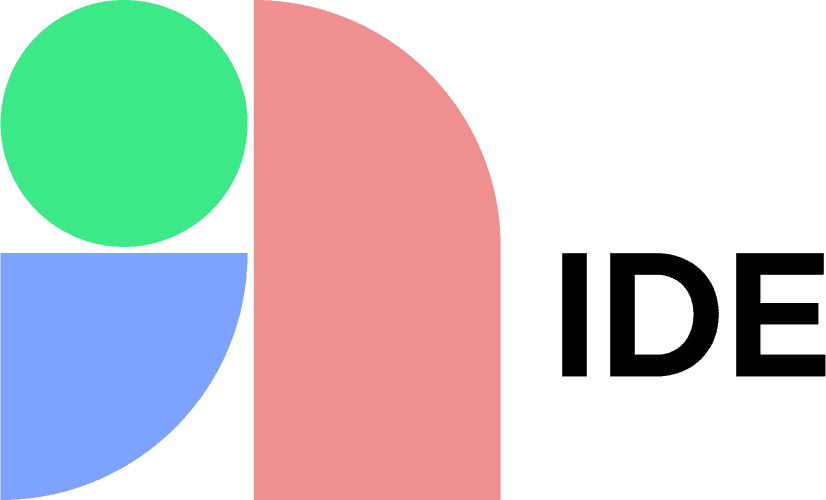 Abstract geometric shapes in green, blue, and pink form a logo next to the bold black text "IDE" on a light background.
