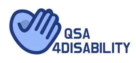 Logo featuring a stylized blue hand with text that reads "QSA 4Disability" to the right of the image.