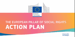 European Commission banner with EU flag, text reads “The European Pillar of Social Rights Action Plan”, dated 4 March 2021, hashtag #SocialRights.