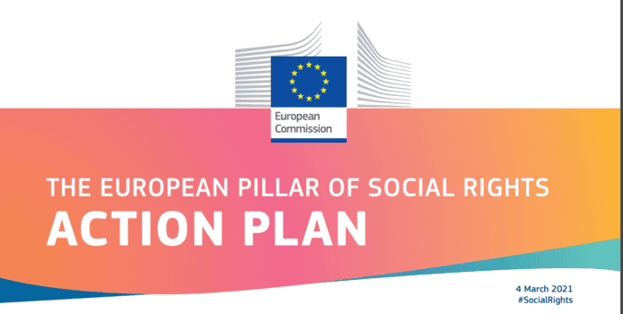European Commission banner with EU flag, text reads “The European Pillar of Social Rights Action Plan”, dated 4 March 2021, hashtag #SocialRights.