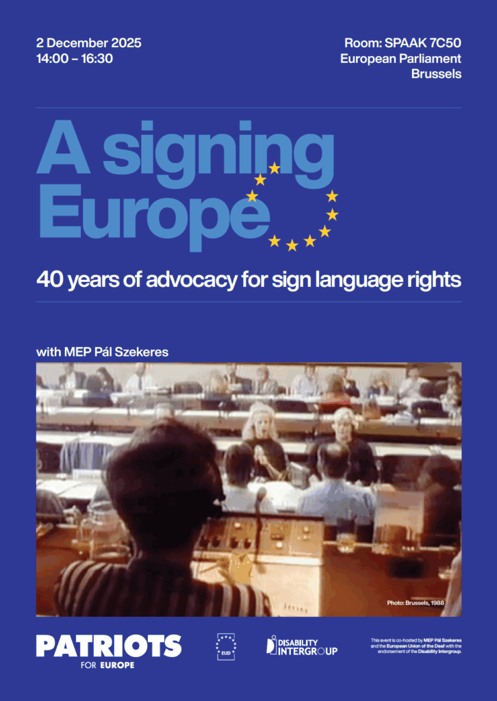 Poster for "A signing Europe: 40 years of advocacy for sign language rights," featuring a historical photo of a parliamentary session and event details at the European Parliament.