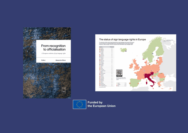 Book cover titled "From recognition to officialisation" on the left and a map showing the status of sign language rights in Europe on the right; EU logo at the bottom.