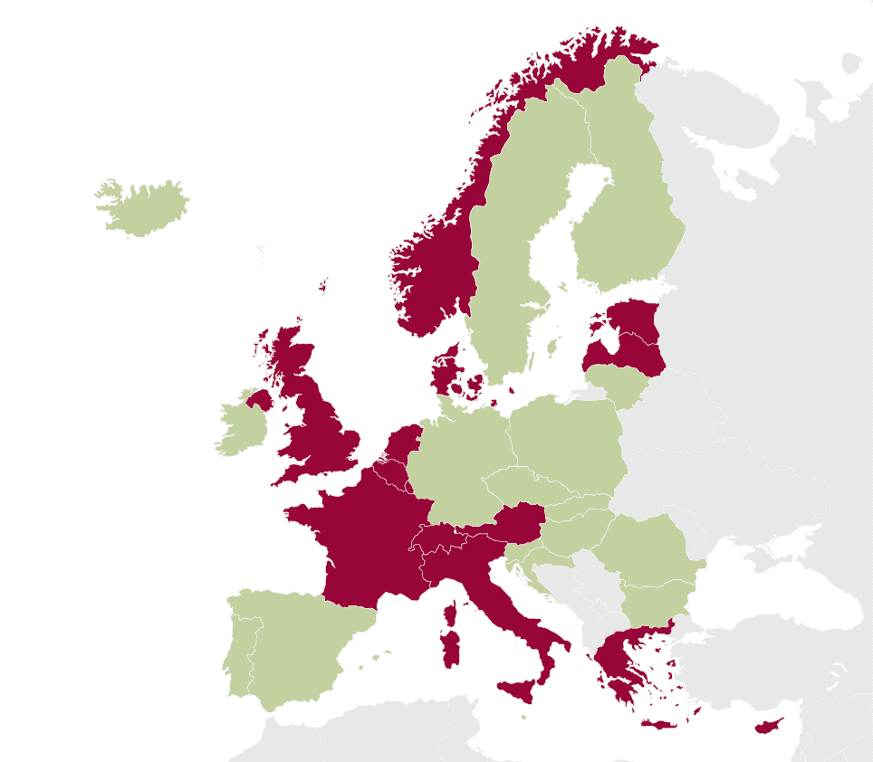 Map of Europe with certain countries highlighted in dark red, including the UK, France, Germany, Italy, Spain, Switzerland, Austria, Norway, Sweden, Finland, Denmark, and Estonia.