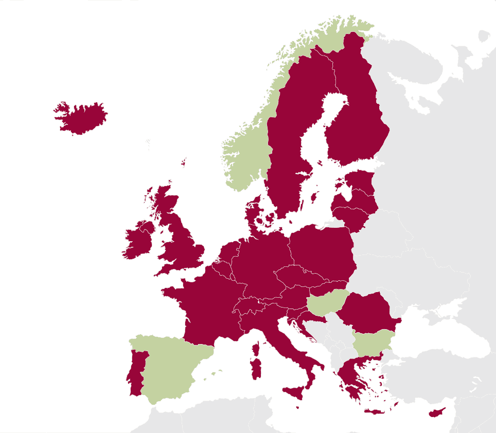 Map of Europe showing some countries in dark red and others in light green; dark red covers most of Western, Central, and Northern Europe.