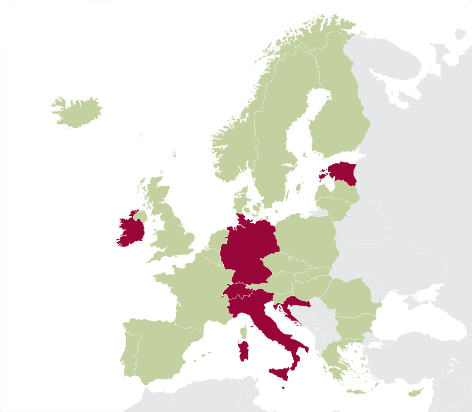 Map of Europe with Germany, Austria, Ireland, Italy, Latvia, and Estonia highlighted in dark red; other countries are light green or grey.