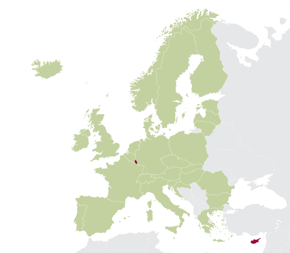 Map of Europe with Liechtenstein and Cyprus highlighted in red, while other countries are shown in light green.