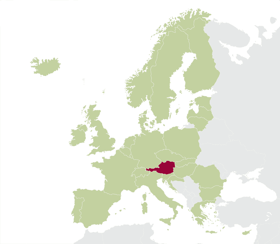 Map of Europe with Austria highlighted in dark red, showing its central location within the continent.