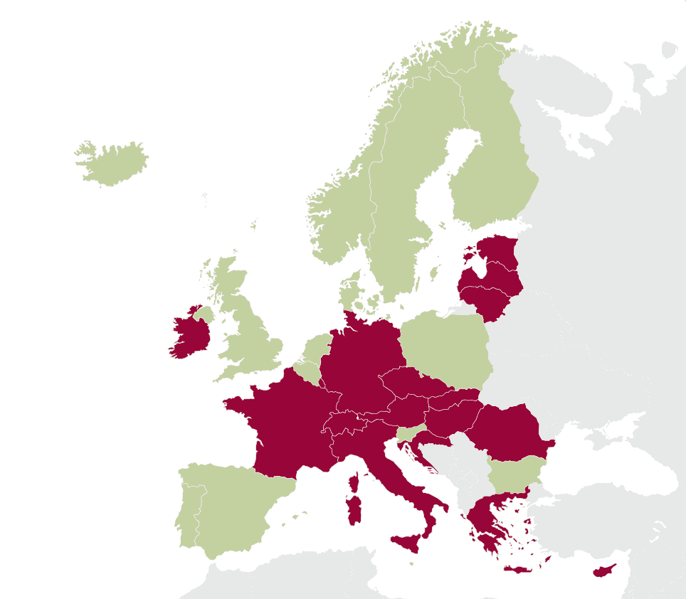 A map of Europe with several countries highlighted in burgundy, including France, Germany, Italy, Spain, Poland, and others, while the rest are shown in green.