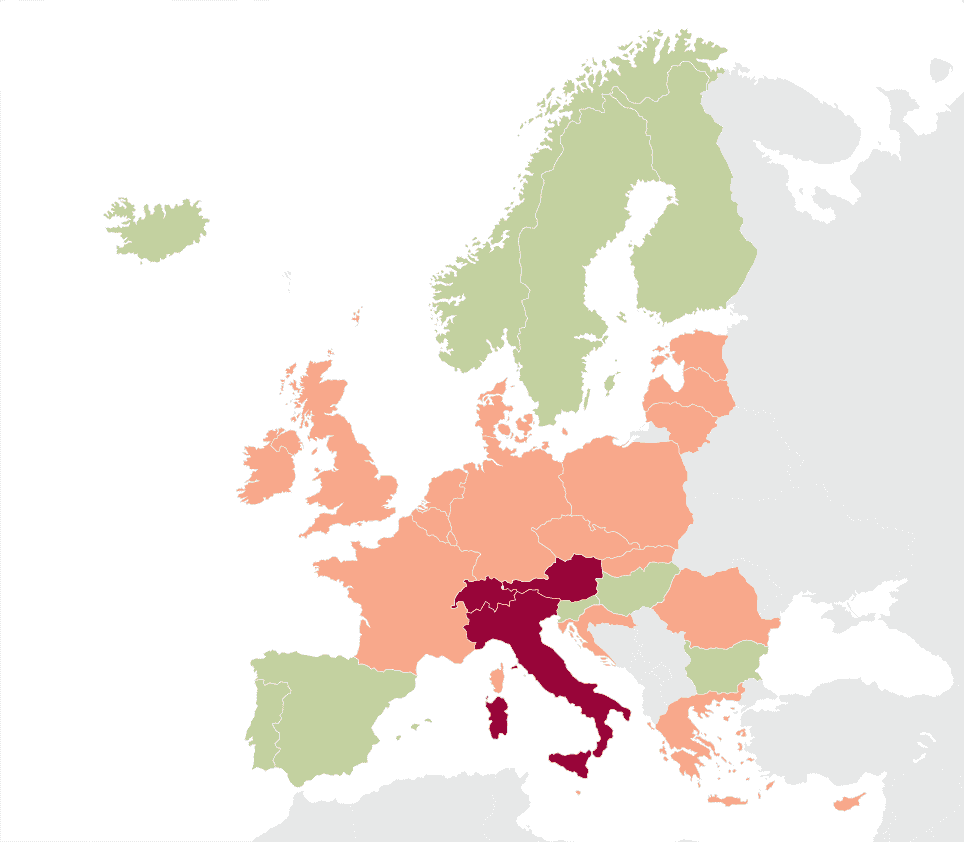 Map of Europe with countries shaded in green, light red, or dark red, highlighting Austria, Italy, and Switzerland in the darkest red.