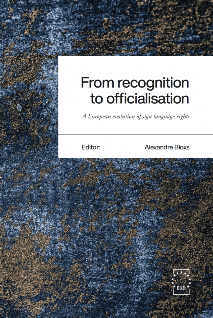 Book cover with a textured blue and gold background. Title reads "From recognition to officialisation," edited by Alexandre Bloxs, published by EUD.