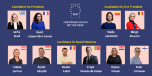 A graphic showing the EUD logo and photos of candidates for president, vice-president, and board members, each labelled with their name and national flag.