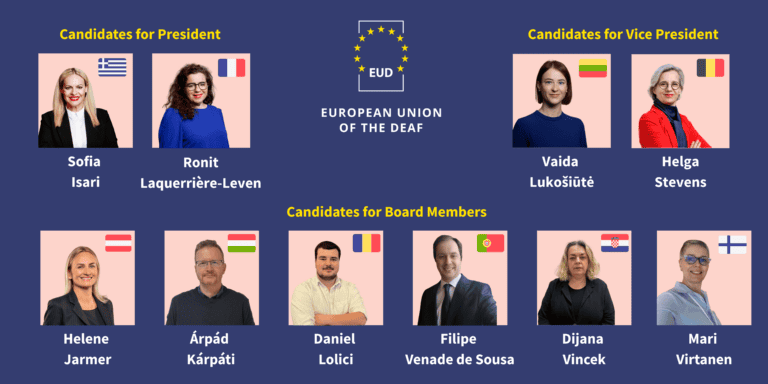 A graphic showing the EUD logo and photos of candidates for president, vice-president, and board members, each labelled with their name and national flag.