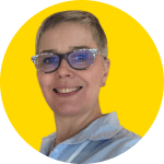 Person with short hair and glasses smiling, wearing a light blue collared shirt, pictured against a bright yellow circular background—an approachable EUD Board member ready to make a difference.
