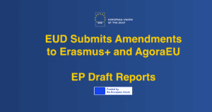 A blue slide with the European Union of the Deaf logo and text: “EUD Submits Amendments to Erasmus+ and AgoraEU EP Draft Reports”, plus an EU funding logo at the bottom.